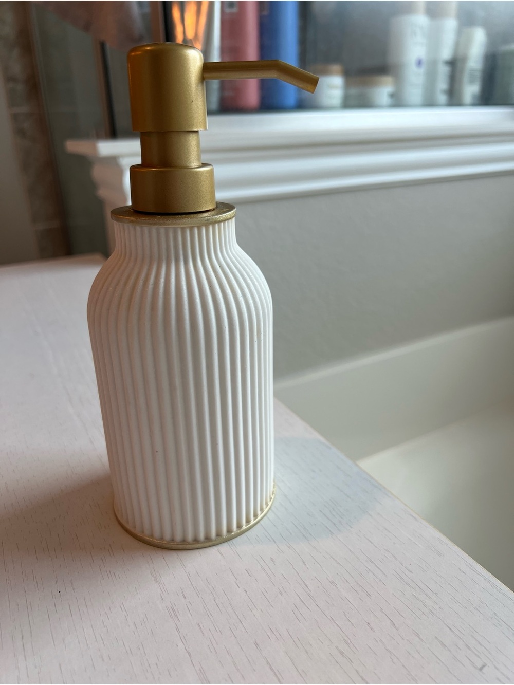 Ribbed White Ceramic Soap Dispenser with Gold Pump - Picture 2 of 5